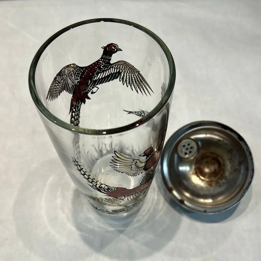 Vtg Hazel Atlas MCM Cocktail Shaker Pheasants Birds Glass 1950s Barware Metal Li